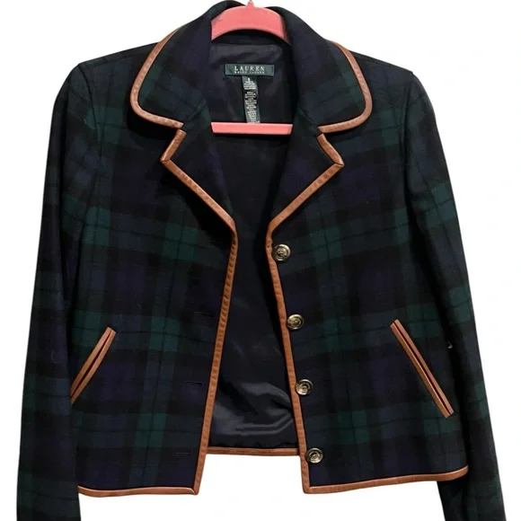 Ralph Lauren Women's Navy Blue, Green Plaid Jacket with brown leather trim acc